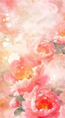 This beautiful image depicts a watercolor painting of pink peonies with a soft, dreamy background in shades of light pink and white