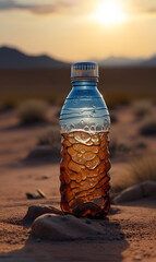 Fototapeta na wymiar A bottle of water on the sand in the middle of a hot desert.