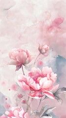 A beautiful watercolor illustration of pink peonies with delicate petals, set against a soft pink and blue washed background, evoking a serene artistic vibe