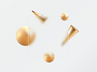 Square glass transparent frame with gold spheres and gold cones. Abstract background in glass morphism style.