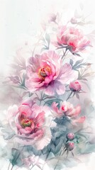 This image captures the delicate beauty of pink peonies with a soft watercolor technique, highlighting subtle color gradients and elegant floral forms