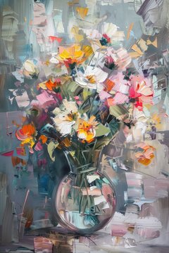 A vivid and colorful impressionist painting showcasing a vase full of blooming flowers, highlighting the interplay of light and color