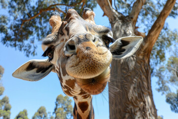A goofy giraffe with a long neck, big eyelashes, and a surprised expression - obrazy, fototapety, plakaty