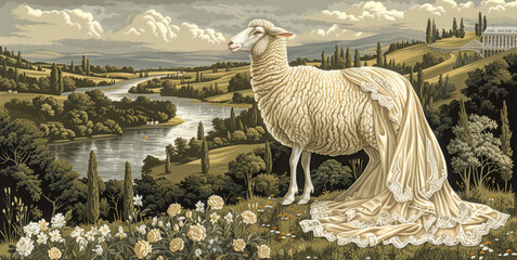 Fototapeta premium A picture of a sheep amidst a field, beside a river, and with a castle in the background