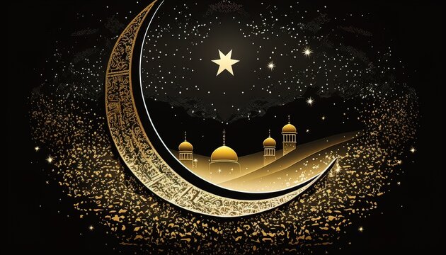 illustration of the kaaba and the crescent moon in shiny Generate AI