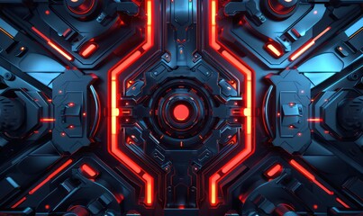 Intricate technological panel with a symmetrical design glowing in red and blue hues, depicting advanced and sophisticated machinery