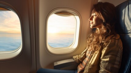 A woman is sitting in an airplane window, looking out at the clouds and the sun