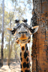A goofy giraffe with a long neck, big eyelashes, and a surprised expression - obrazy, fototapety, plakaty