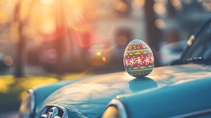 Easter egg on car with copy space for texts Vintage color toned for Easter concept background