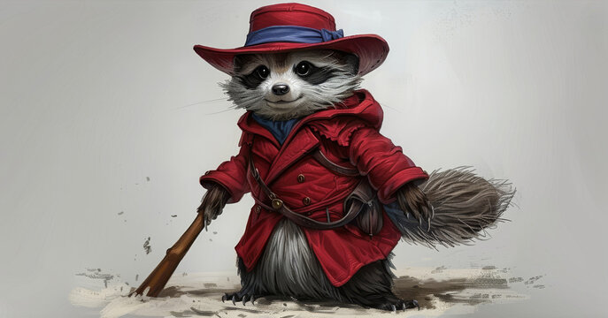  Painting depicts raccoon in red coat, hat & holding baseball bat