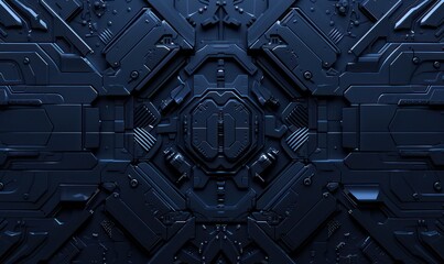 A high-detail, dark blue technological panel with intricate futuristic patterns, textures, and sci-fi elements, perfect for background or concept