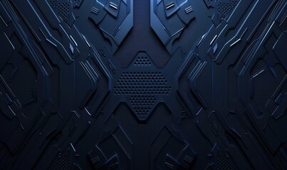 This image shows a symmetrically patterned, dark blue armored panel texture with intricate, industrial details and futuristic design elements - obrazy, fototapety, plakaty