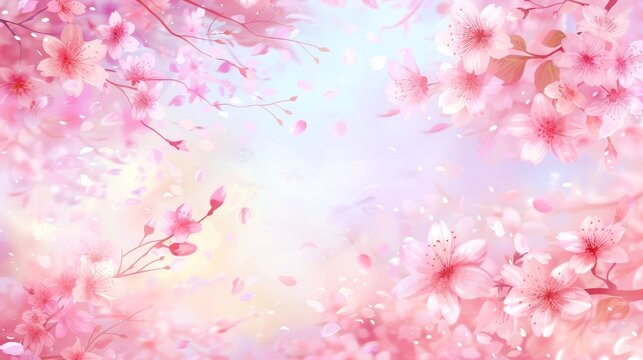  A pink flowered background with numerous pink flowers against a backdrop of blue and pink, featuring a variety of pink blossoms