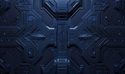 A detailed image depicting dark blue armor plating with intricate patterns, showcasing a symmetric and futuristic design that reflects a sleek, high-tech aesthetic - obrazy, fototapety, plakaty
