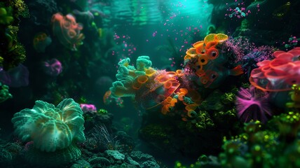 Fototapeta na wymiar Underwater scene visualized with biofluorescence, revealing the glowing life forms of the deep hyper realistic