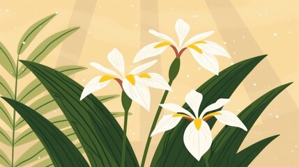 Fototapeta na wymiar White flowers with green leaves against yellow background, sunburst in backdrop