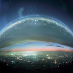 The phenomenon of skyglow over cities, visualizing the dome of light seen from distant viewpoints low noise - obrazy, fototapety, plakaty