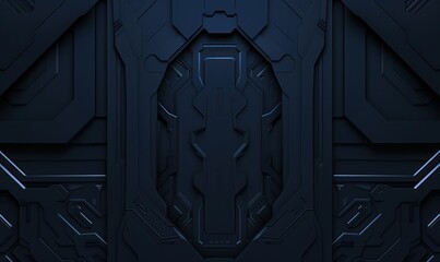 This image showcases a dark, futuristic technology panel with intricate designs and neon blue lighting, embodying a modern sci-fi aesthetic