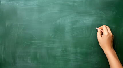 Frame design for teachers' day or back to school season. A hand holding a chalk is writing on a green clean blackboard with blank space for text.