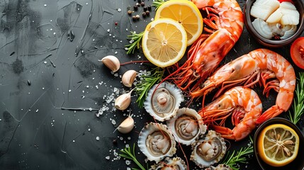 Various seafood displayed on table for delicious recipes, copy space - obrazy, fototapety, plakaty