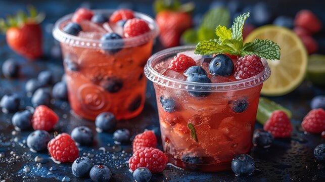  Two cups of drinks with berries on the rim, lemon wedges beside Close-up image