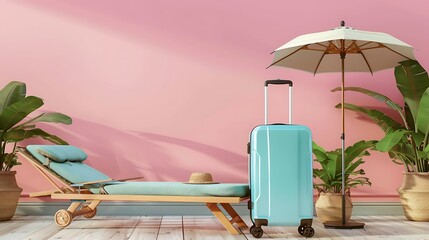 hard side suitcase placed near wooden sunbed with soft mattress and umbrella against pink background