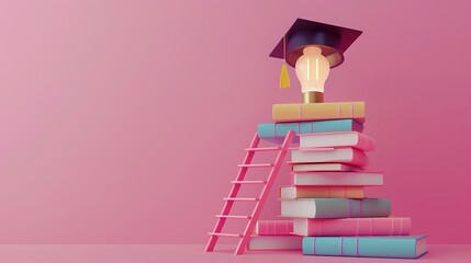 heap of books for studying and ladder leading to bulb in graduation cap for concept of education and university degree against isolated pink background - obrazy, fototapety, plakaty