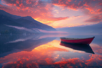 an empty rowboat floating on the calm water of a lake at sunset