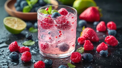 A black surface with limes and raspberries in a glass, surrounded by blueberries