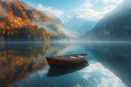 a lone empty rowboat floating peacefully on the surface of a calm lake in early morning 