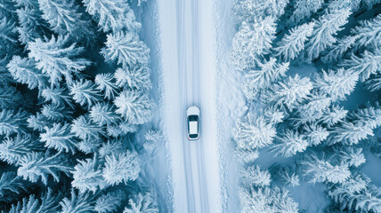 Top view Road through with car the snow pine forest