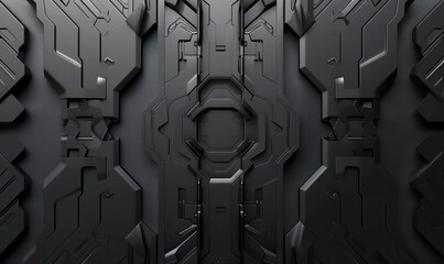 This image shows a highly detailed futuristic black technological panel with a symmetrical design, resembling a sci-fi spacecraft or advanced machinery - obrazy, fototapety, plakaty