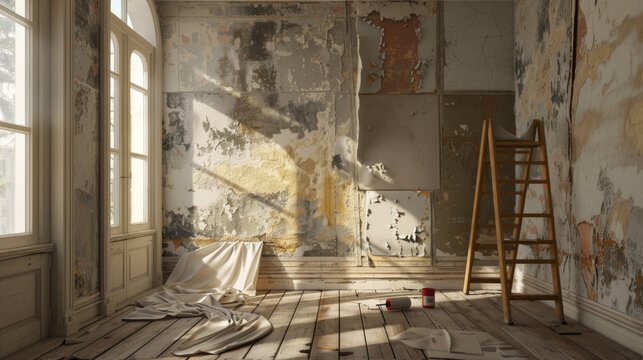 A wooden ladder leans against a sunlit wall with peeling paint, near a window, with a paint bucket, roller, and a dropcloth on the floor.