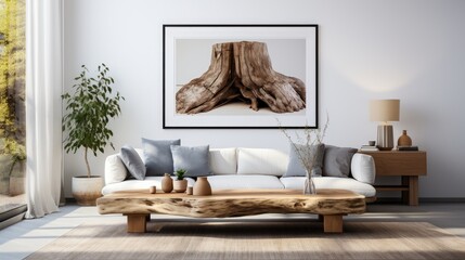 A living room with a large framed picture of a tree trunk on the wall. The room is decorated with white furniture and a wooden coffee table. There are several potted plants
