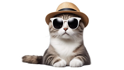 Happy cat in Sunglasses and Hat Isolated white background