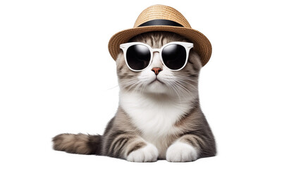 Fototapeta premium Happy cat in Sunglasses and Hat isolate on transparent background, cutout, png