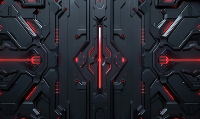 This image showcases a sci-fi inspired design with a central futuristic door illuminated by glowing red lights, evoking a high-tech atmosphere - obrazy, fototapety, plakaty