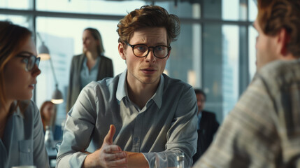 A young man in glasses actively engaging in a discussion at a business meeting. - obrazy, fototapety, plakaty