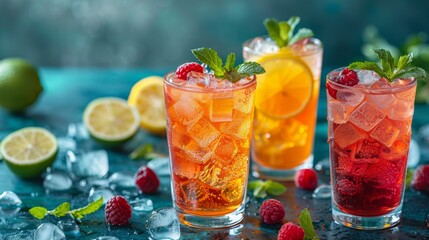  Two glasses of drinks, close up, with ice and raspberries on a table with lemons and limes