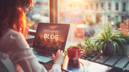 A person is using a laptop with a 'BLOG' screen visible, accompanied by a cup of coffee on a wicker table.