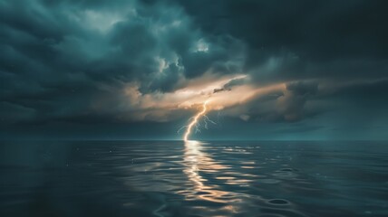 Lightning striking a body of water, showing the dispersion of energy and light under the surface no dust - obrazy, fototapety, plakaty