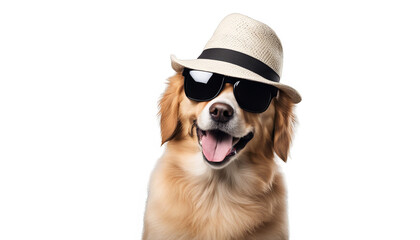 Happy Dog in Sunglasses and Hat Isolated white background