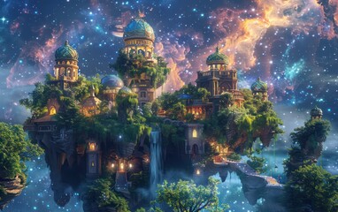 A floating island, adorned with lush greenery, is surrounded by vibrant nebula, with towers and domes blending harmoniously into the cosmic environment. Bioluminescent plants and magical runes add to 