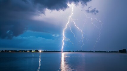 Lightning striking a body of water, showing the dispersion of energy and light under the surface no dust