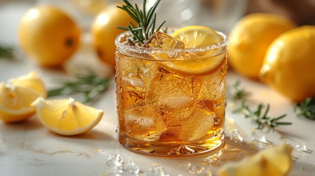  A refreshing glass of lemonade with a sprig of fresh rosemary on top, surrounded by juicy lemons