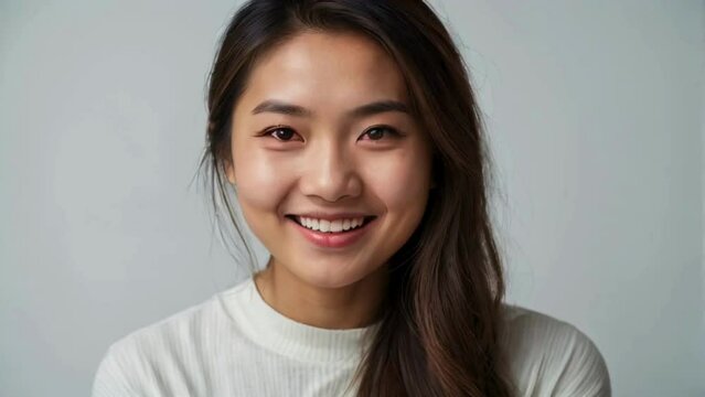 beautiful young asian woman smiling while looking at the camera on a clean white background