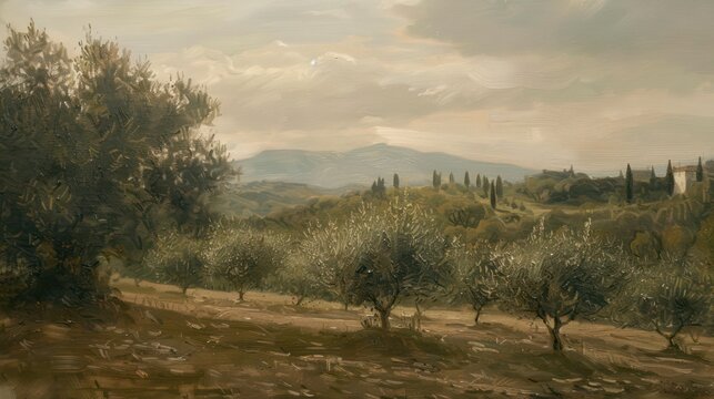 A painting from the 1850s portrays an olive field with historical imagery, featuring light brown and gray tones that evoke an atmosphere of chalky, dark beige, soft, and muted tones.
