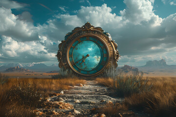 A mystical clock in the middle of nowhere, a possible portal to another epoch. Suitable for fantasy and science fiction-themed illustrations or designs. - obrazy, fototapety, plakaty