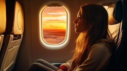 A woman is sitting in an airplane window, looking out at the sunset