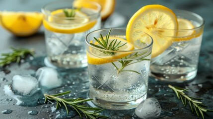  A zoomed-in photo of a glass filled with water, adorned with lemon slices and sprigs of rosemary, resting atop an iced table